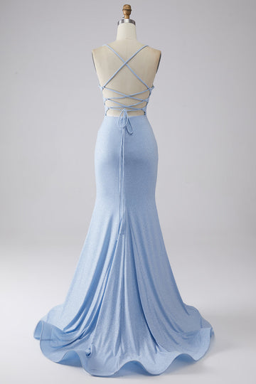 Light Blue Sparkly Mermaid Spaghetti Straps Long Ball Dress with Slit